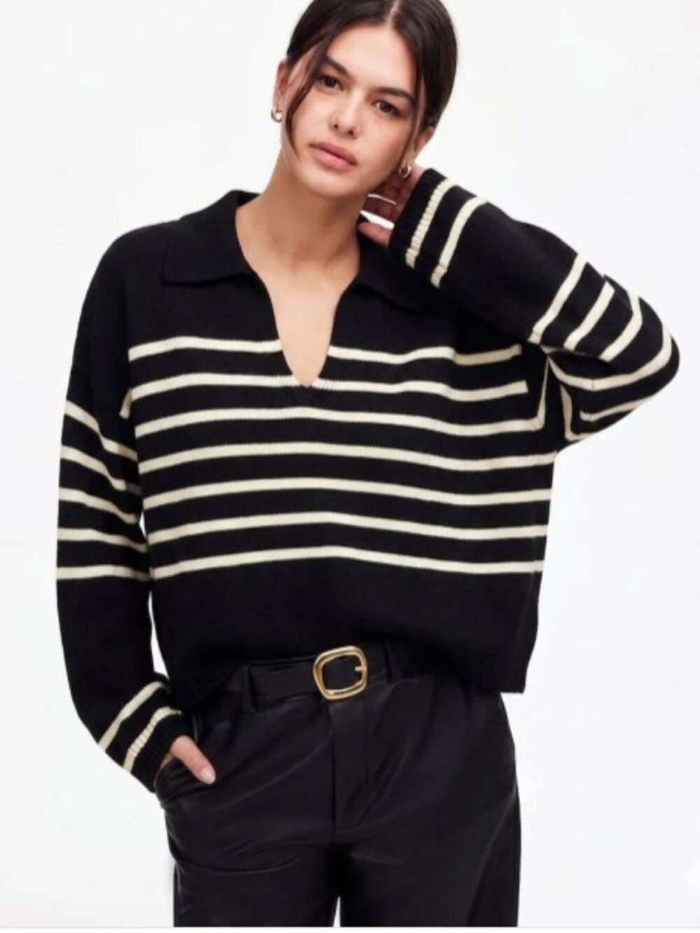 Madewell Black & Cream Striped Cashmere-Wool Blend Polo Crop Sweater Size Small